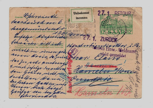 Saarland 1956 retourkarte - saarland, gs